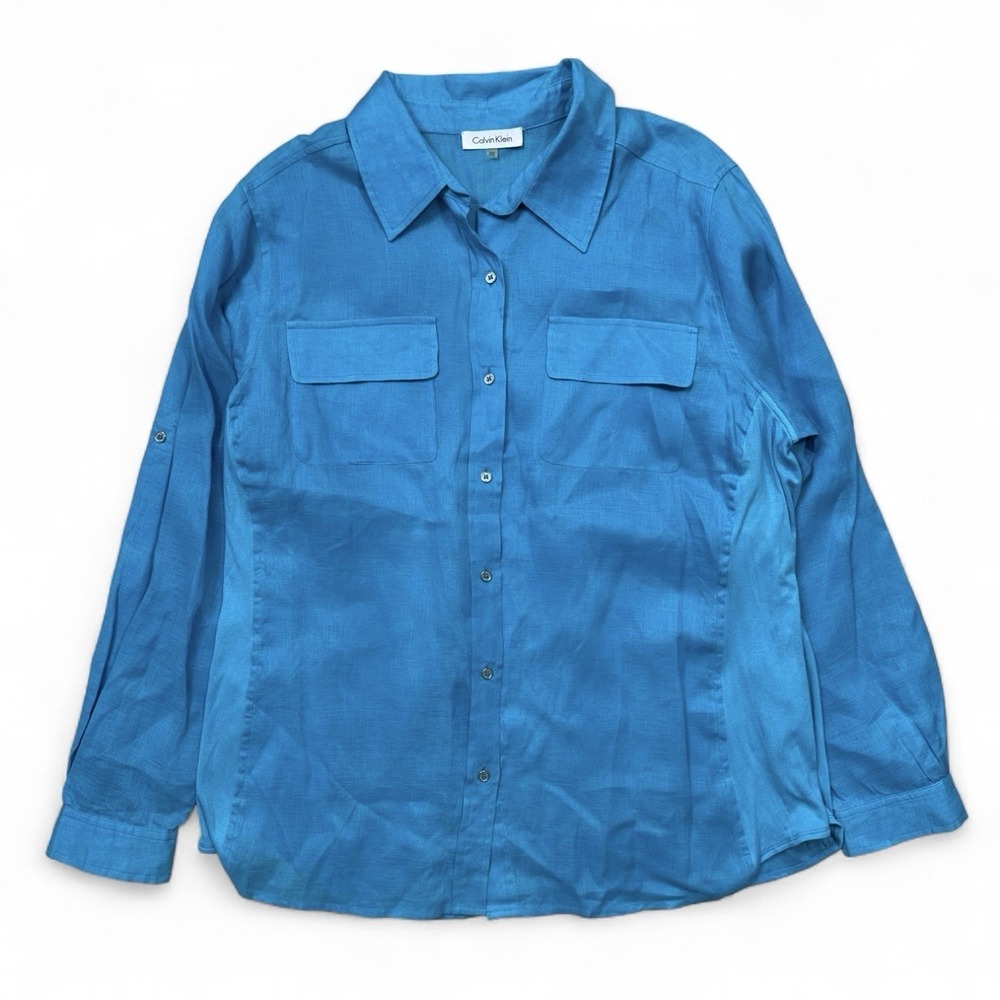 Calvin Klein 100% Linen Button Shirt Blue Turquoise Roll Tab Stretchy Women's 0X